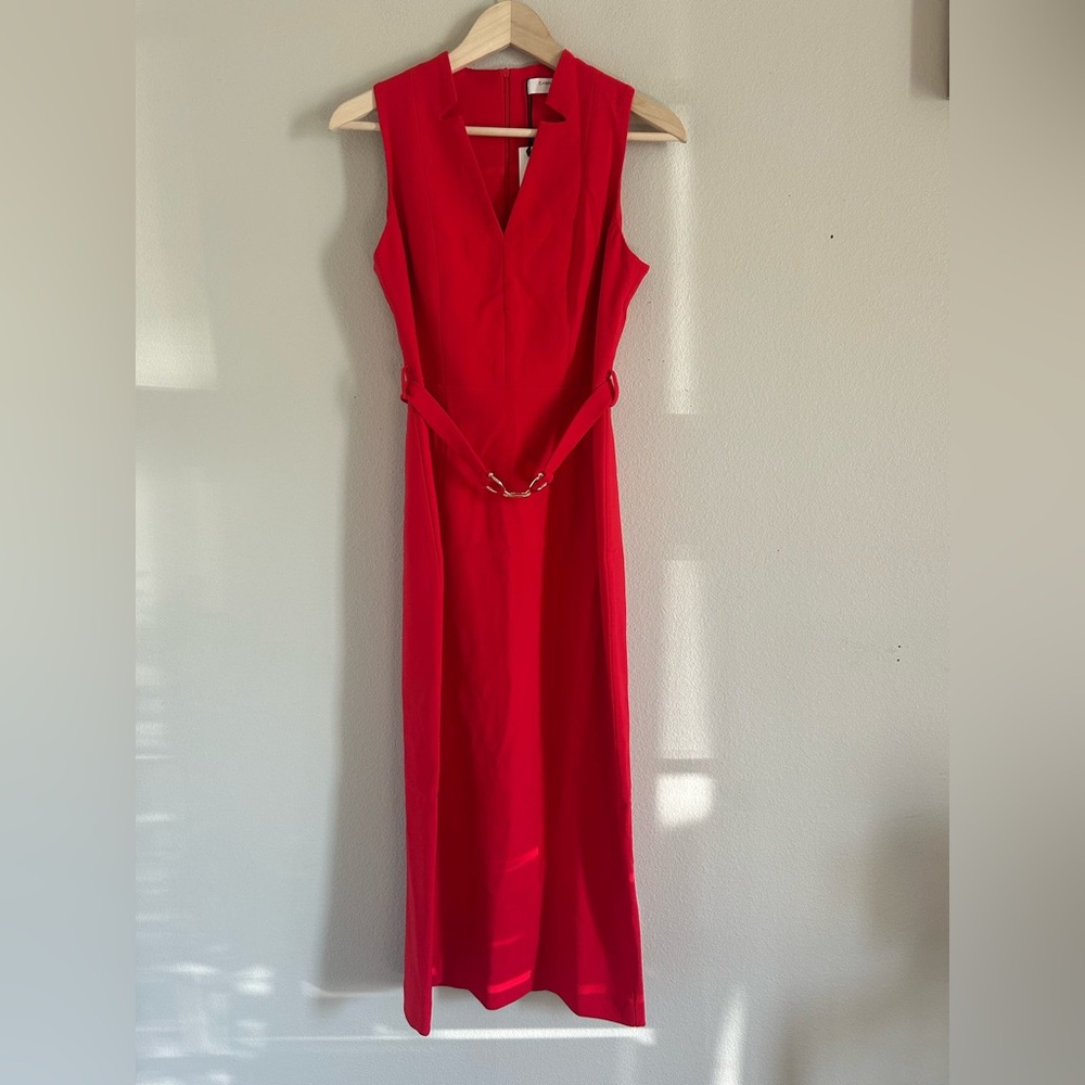 NWT Commense Red Sleeveless V-Neck Belted Midi Dress - Medium - Picture 4 of 7
